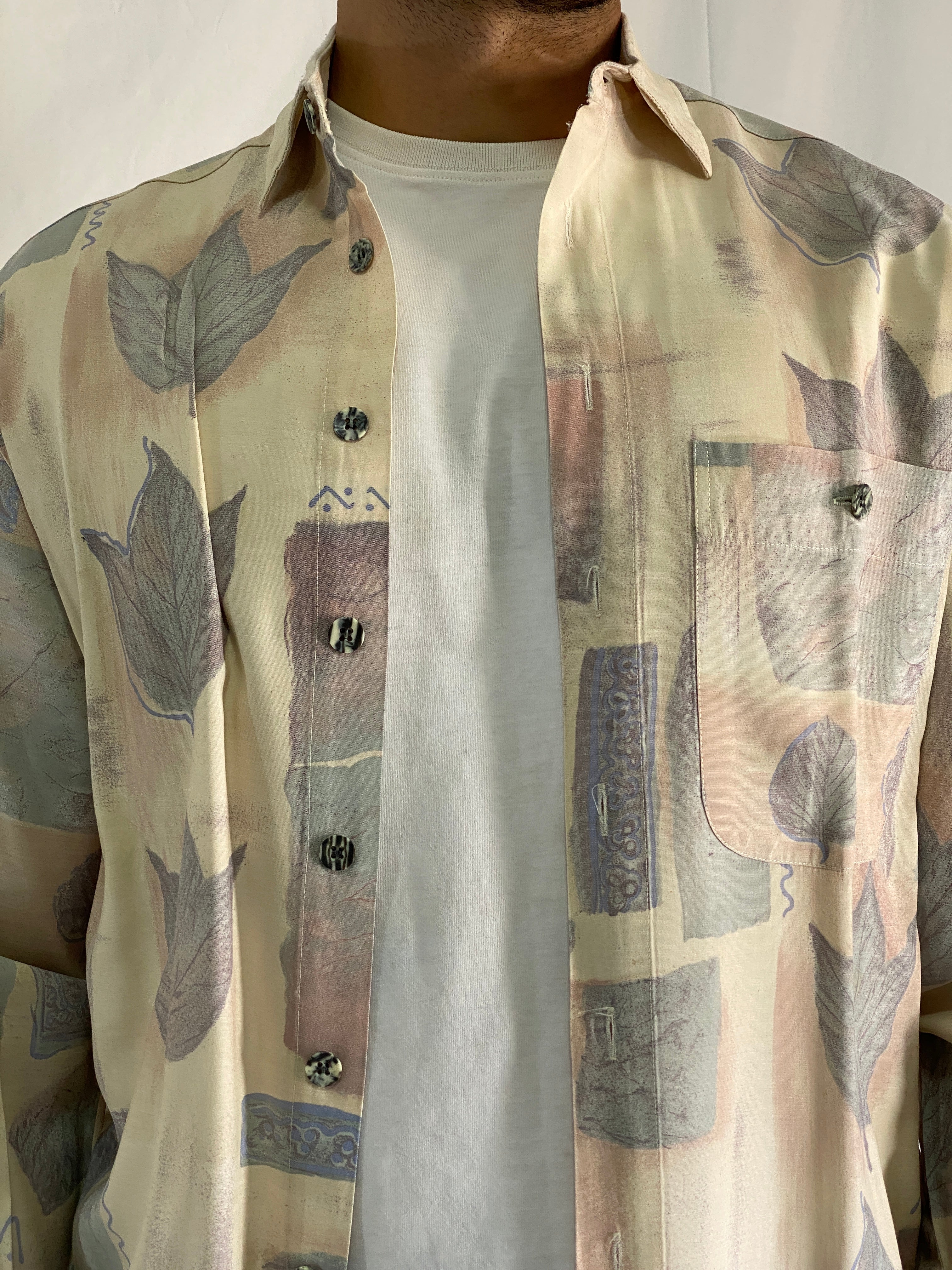 Vintage 90s Club D’Amingo Beige Abstract Leaf Print Men’s Long Sleeve Shirt - L