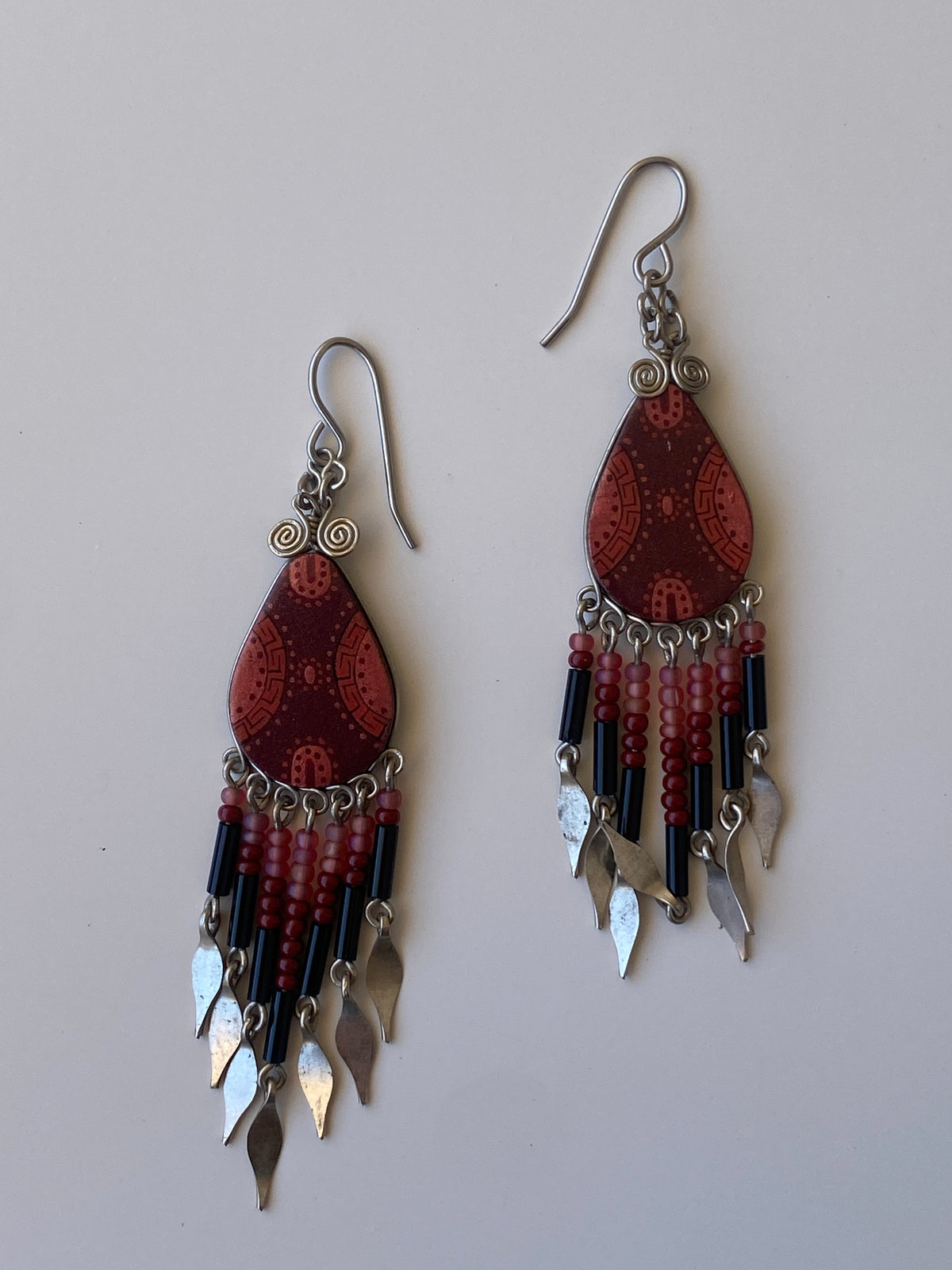 Vintage Boho Beaded Fringe Drop Earrings Tribal Inspired Red & Black Statement Earrings Vintage Boho Beaded Fringe Drop Earrings Tribal Inspired Red & Black Statement Earrings