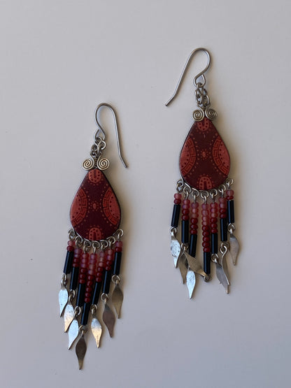 Vintage Boho Beaded Fringe Drop Earrings Tribal Inspired Red & Black Statement Earrings