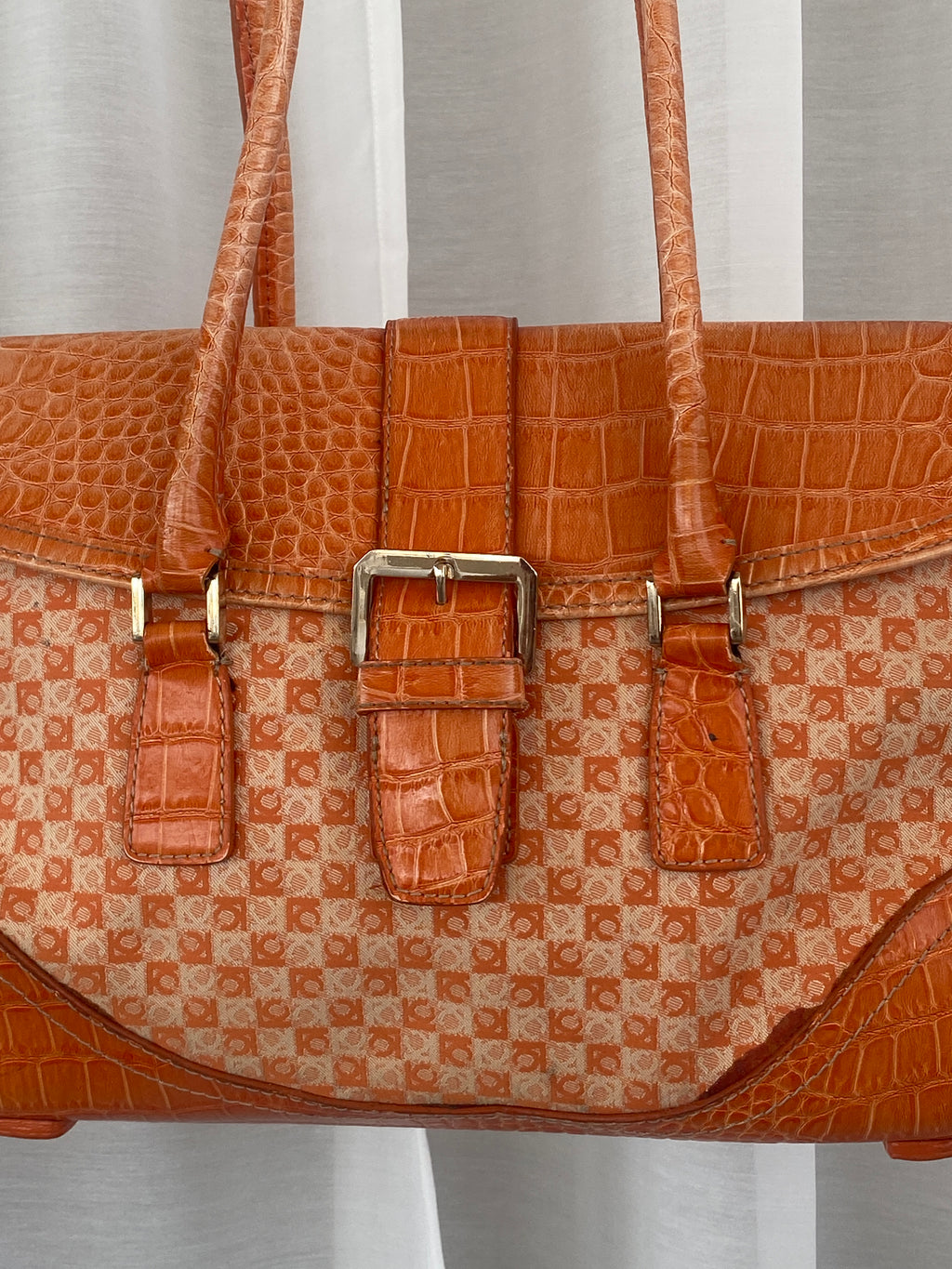 Liz Claiborne NYC Signature Fabric Orange Monogram with Faux Croc Leather Print Shoulder Bag