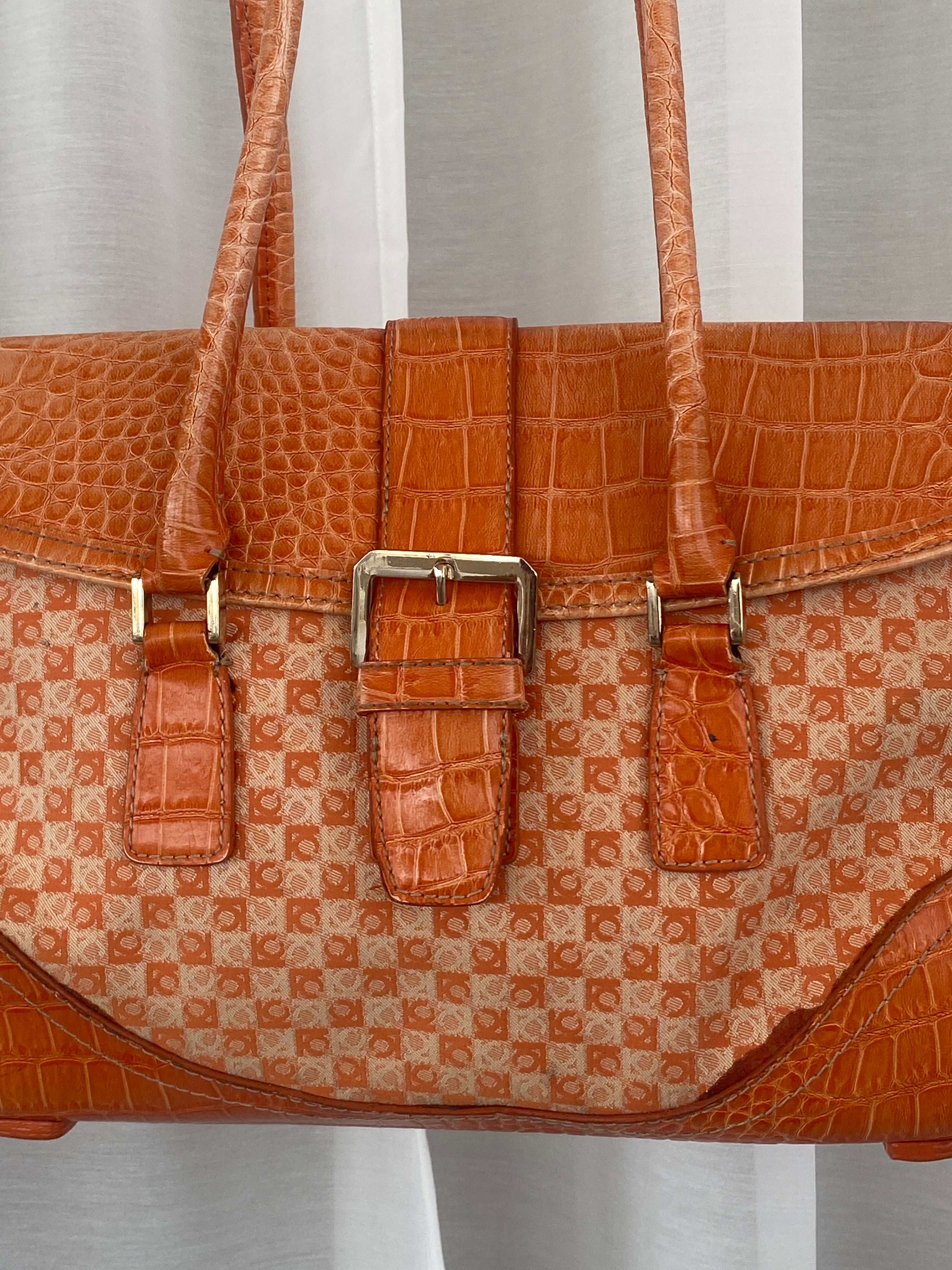 Liz Claiborne NYC Signature Fabric Orange Monogram with Faux Croc Leather Print Shoulder Bag