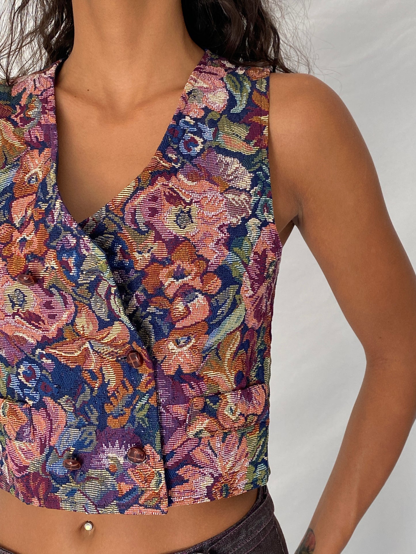 Vintage 90s In Design Multicolor Floral Tapestry Cropped Waistcoat Vest - S