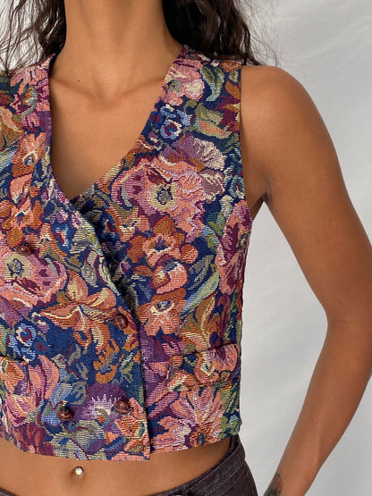 Vintage 90s In Design Multicolor Floral Tapestry Cropped Waistcoat Vest - S