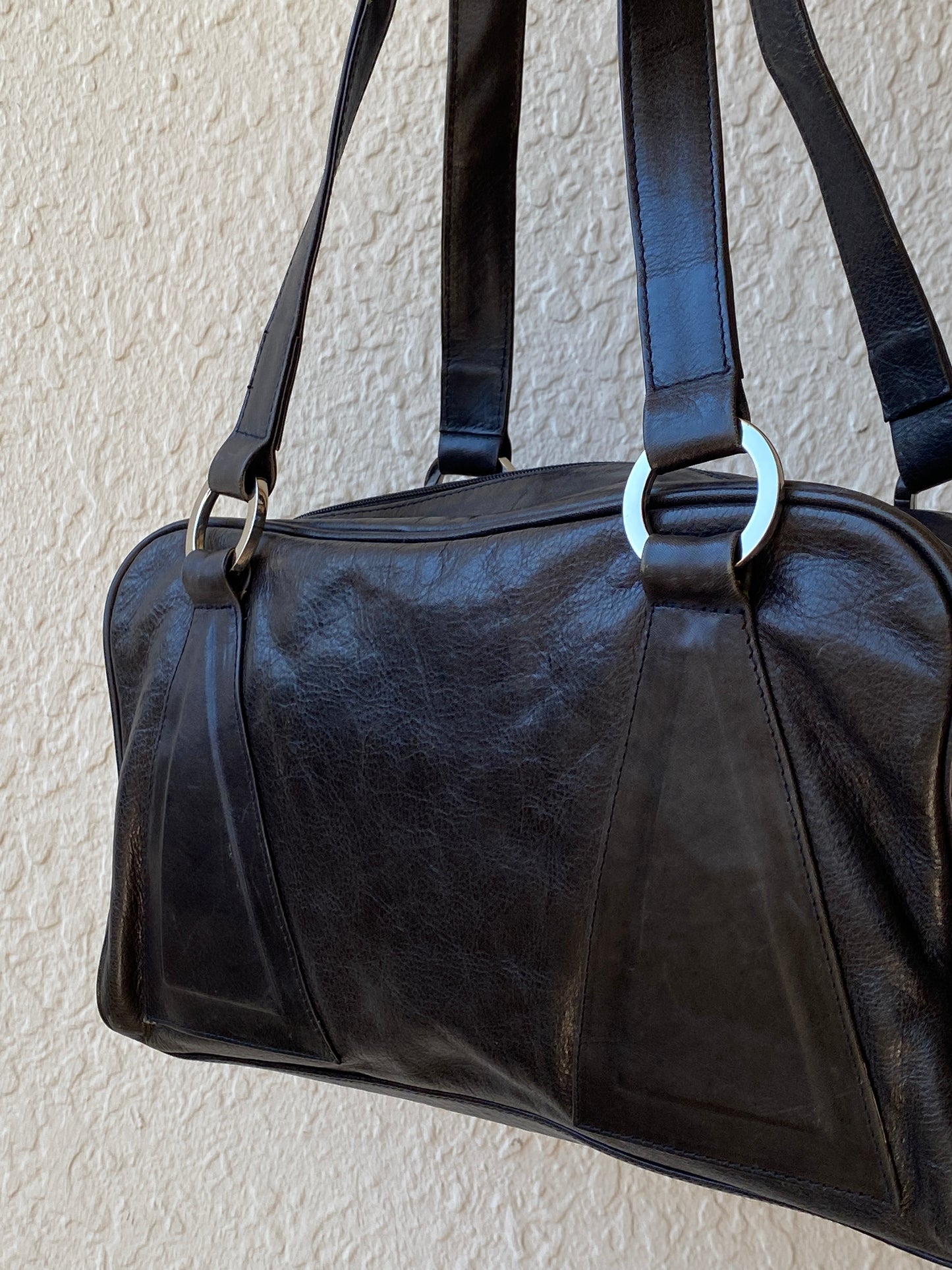 Vintage Black Faux Leather Studded Bowling Shoulder Bag