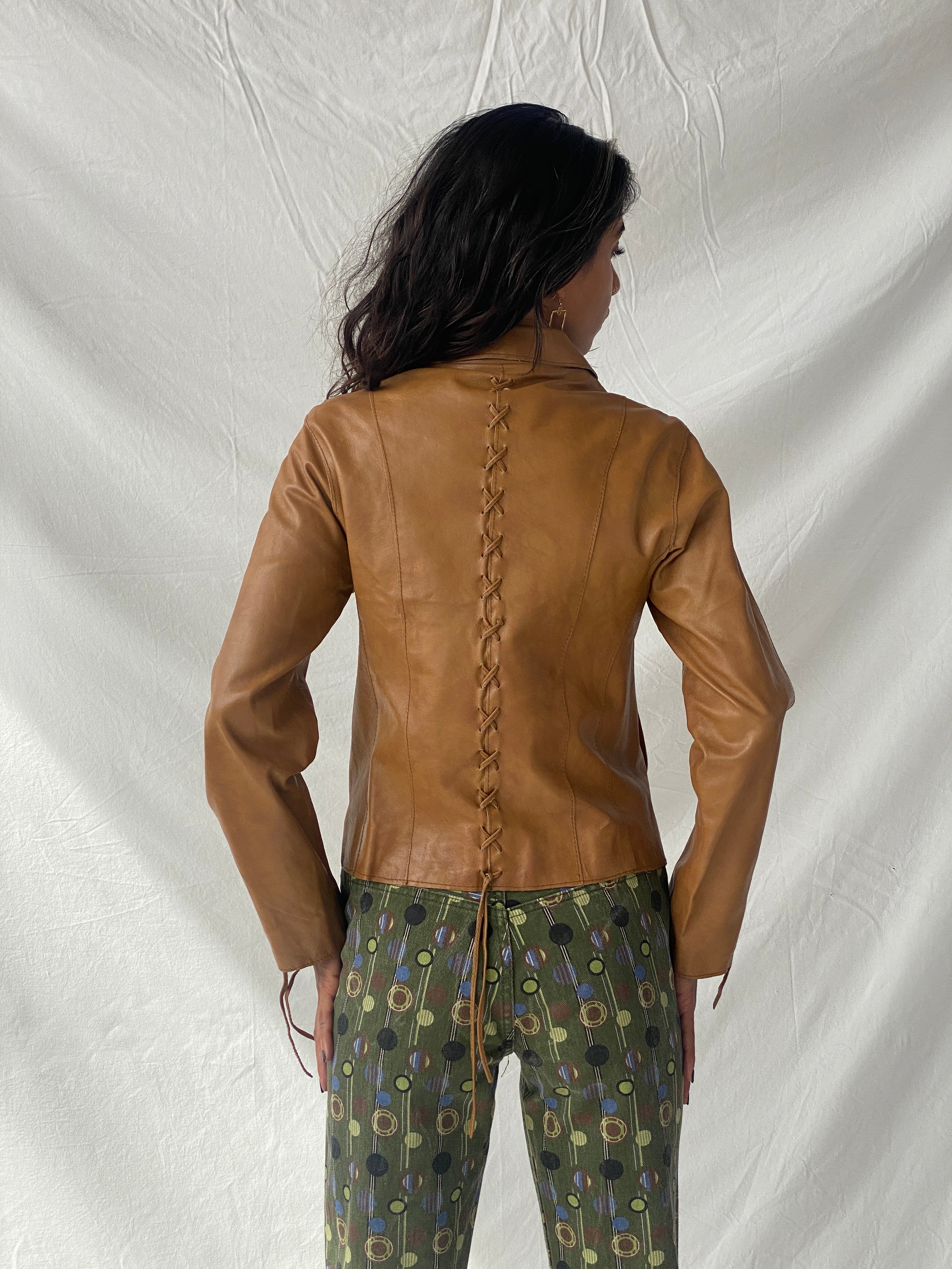 Vintage Conbipel Camel Genuine Leather Lace-up Detail Women’s Jacket - S
