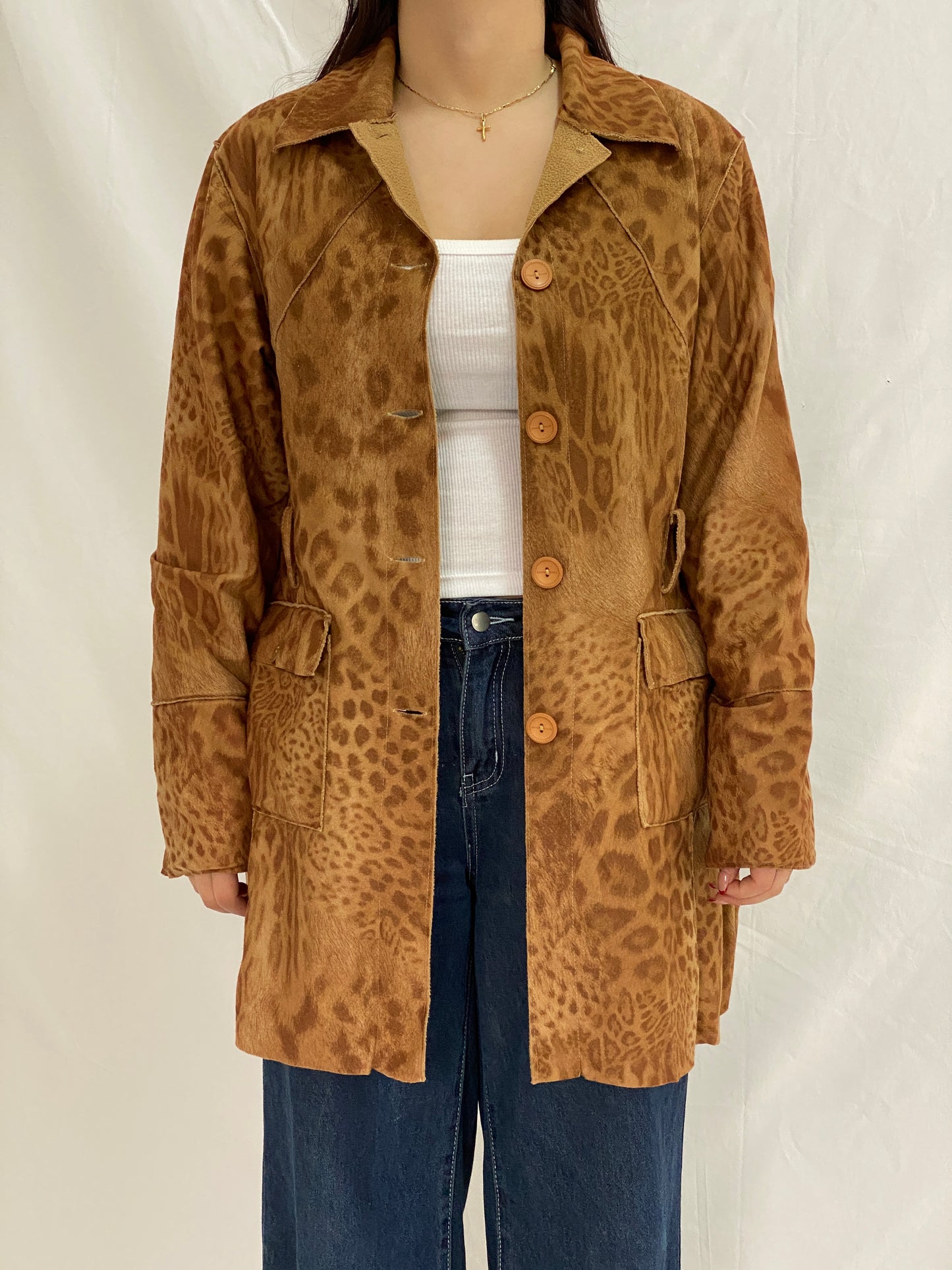 Vintage JIA YAO Leopard Print Faux Suede Longline Light Coat Button-Up Jacket – XL