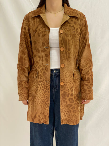 Vintage JIA YAO Leopard Print Faux Suede Longline Light Coat Button-Up Jacket – XL