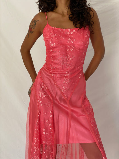 Vintage Y2K Eureka USA Hot Pink Embroidered Glitter Mesh High-Low Dress - XS