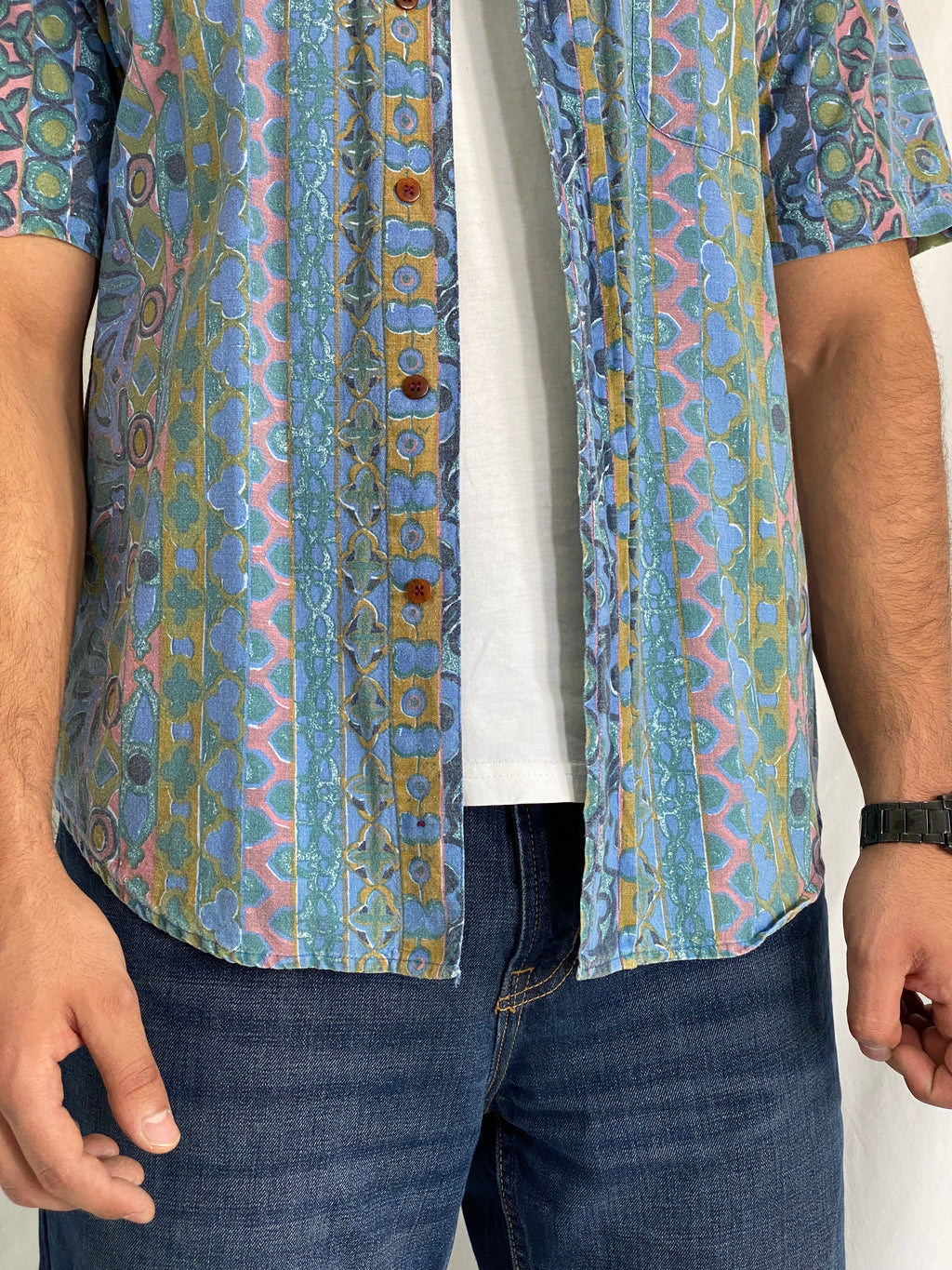 Vintage BADGE Short Sleeve Cotton Shirt Blue Geometric Print - M