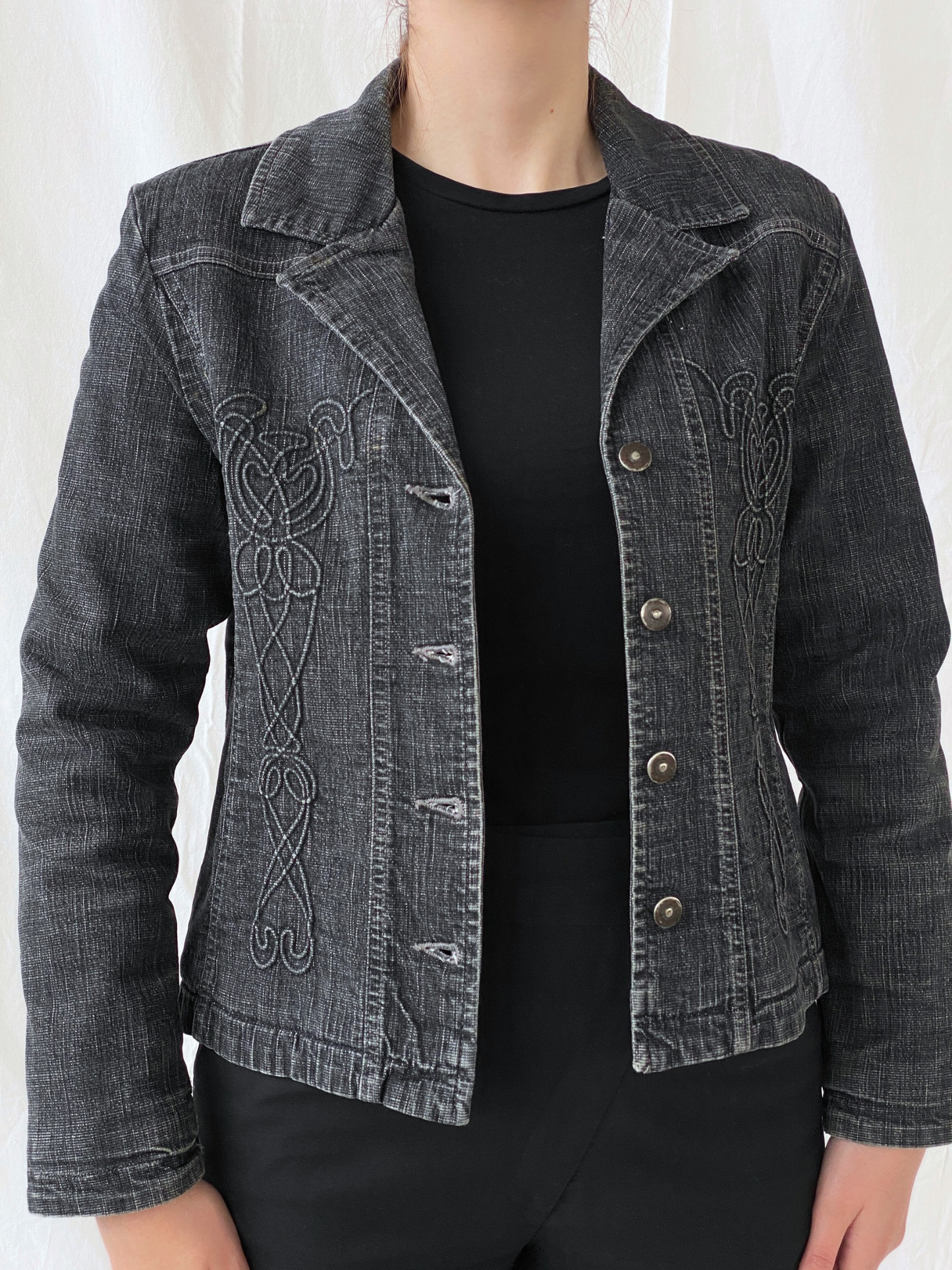 Vintage Minuet Embellished Washed Black Women’s Padded Denim Blazer - L