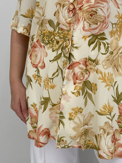 Vintage 90s Romantic Floral Cream Button-Up Tunic Shirt - 2XL