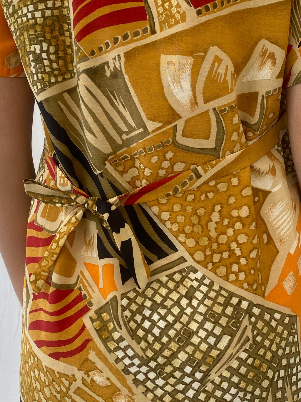 Vintage Handmade Abstract Hawaiian Button Up Knee Length Orange Yellow Dress - M