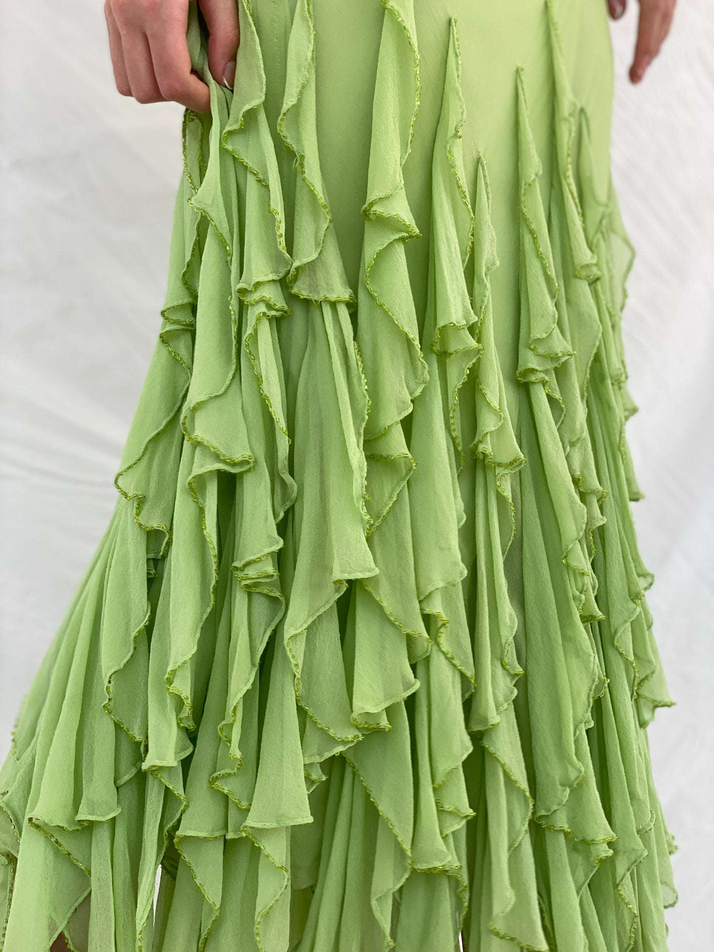 Beautiful Vintage Cici B Silk Lime Beaded Ruffle Bottom Lime Maxi Dress - M