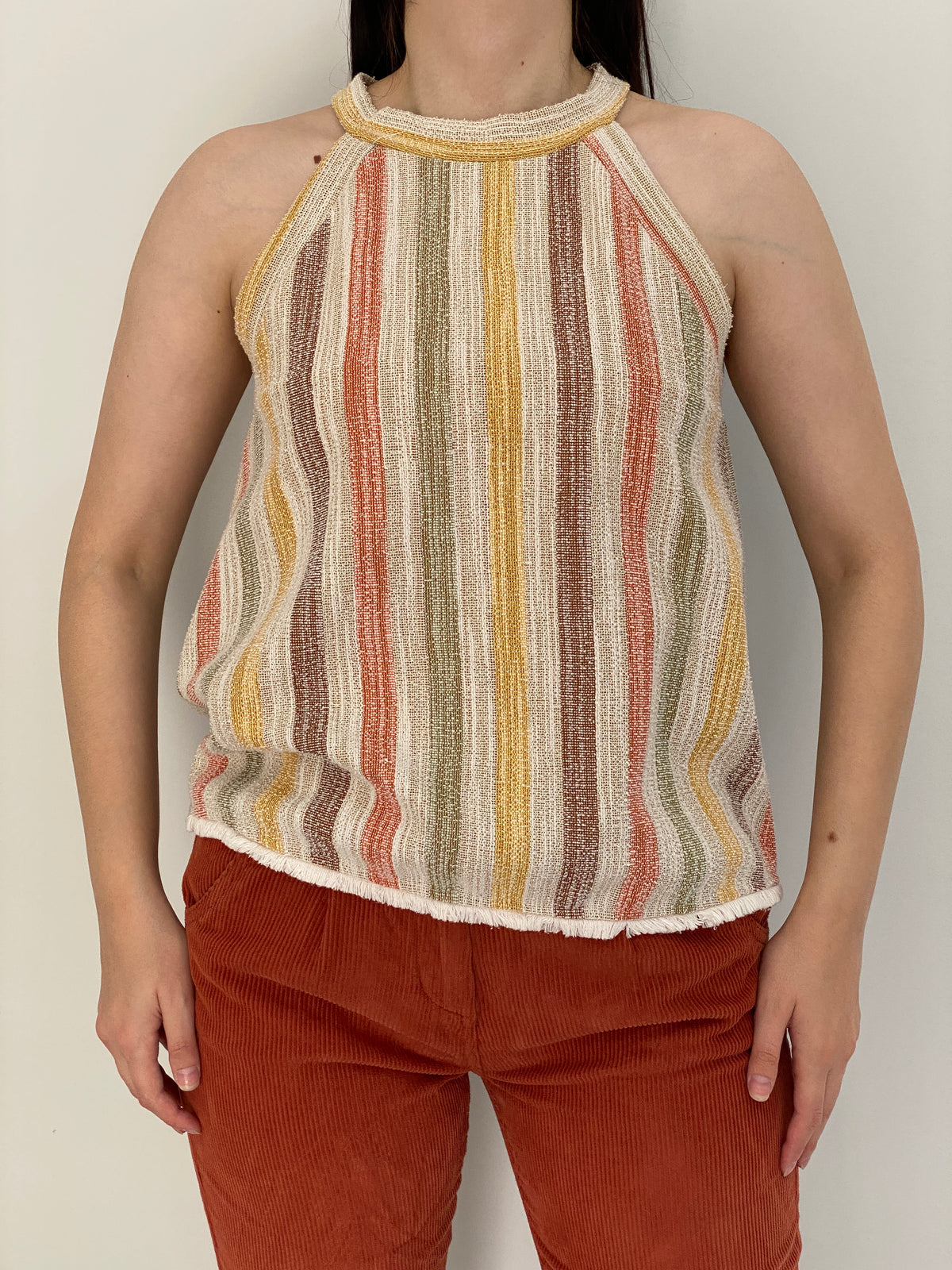 Vintage Earth Tones Multicolor Striped Woven Halter Top - M