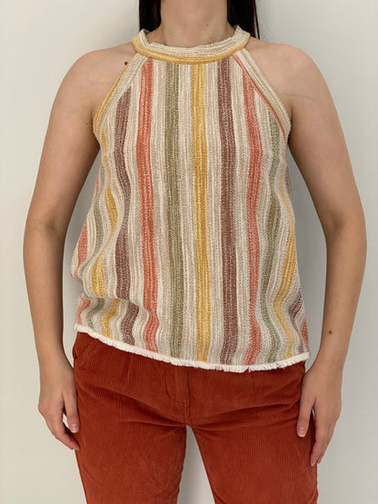 Vintage Earth Tones Multicolor Striped Woven Halter Top - M