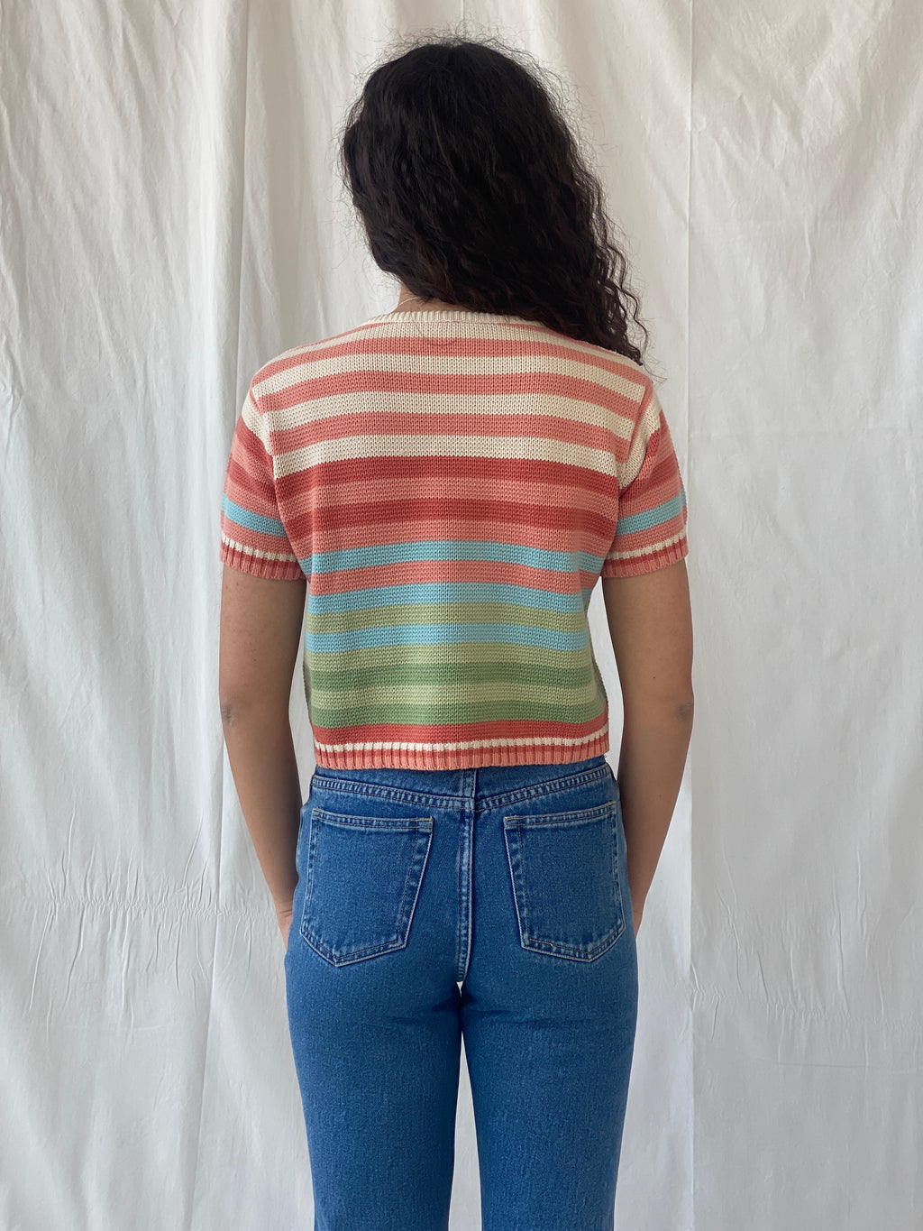 بلوزة ليز كلايبورن ليزوير المخططة باللون الوردي الباستيل من القطن المحبوك - مقاس صغير