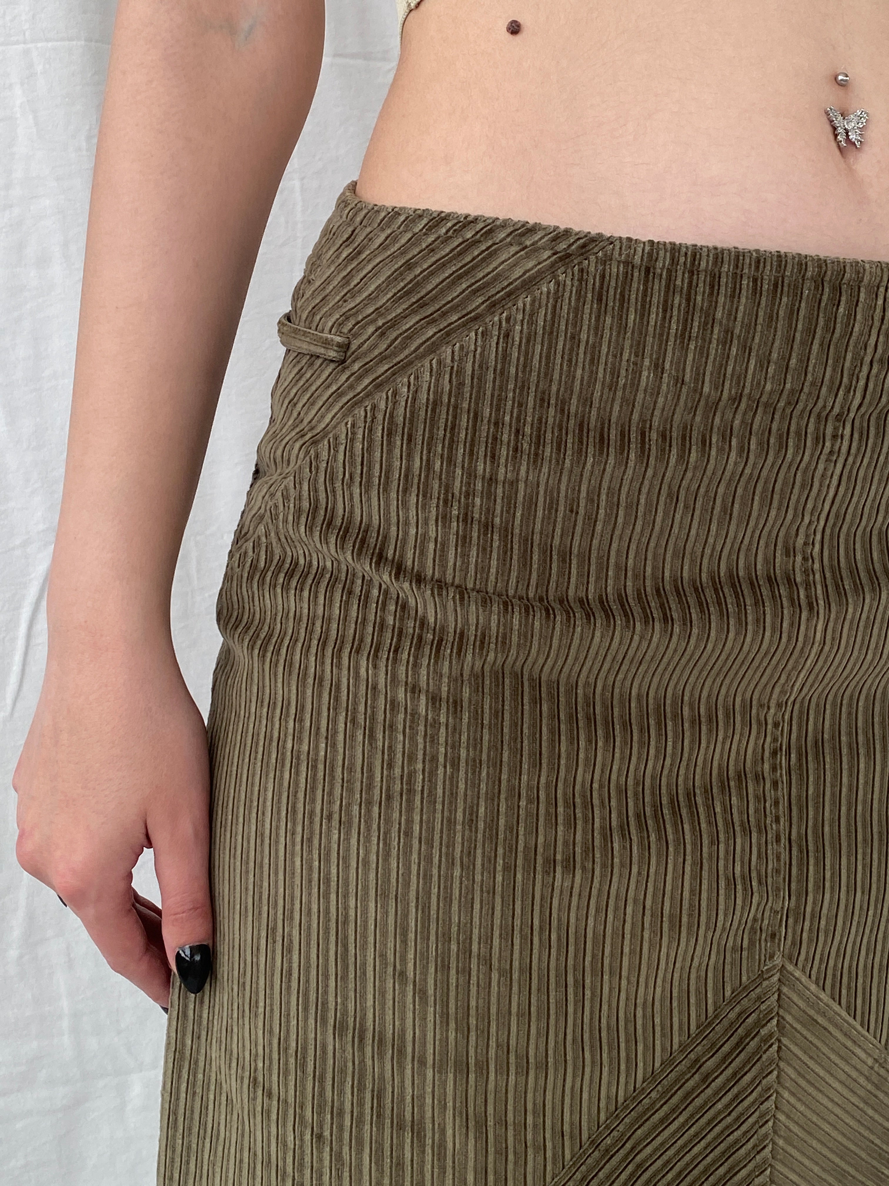 90s Phildar Olive Green Utility Corduroy Midi Skirt - L