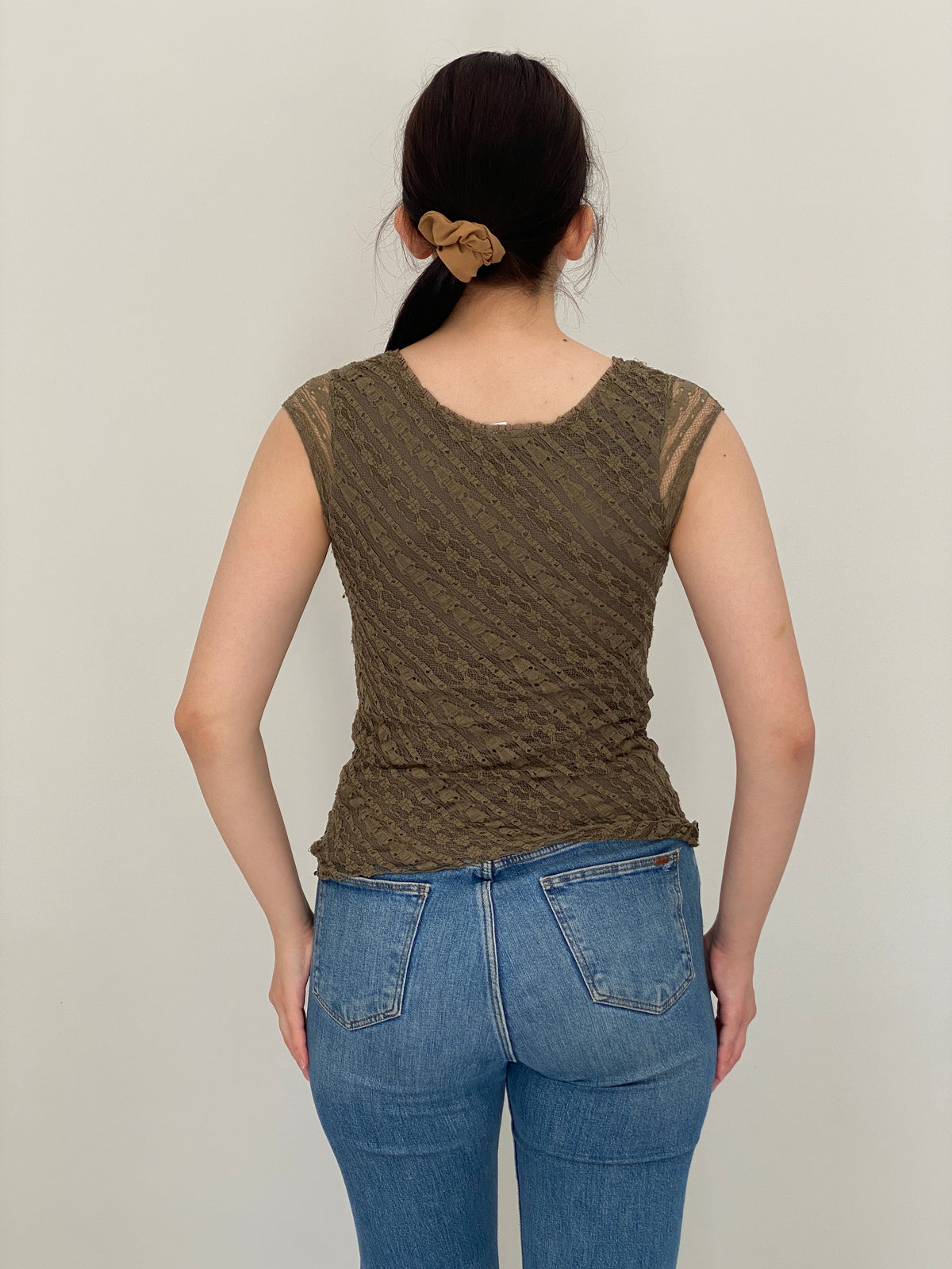 Vintage Y2K Merona Olive Green Lace Velvet Empire Waist Top – S