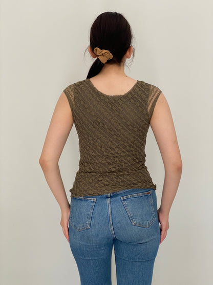 Vintage Y2K Merona Olive Green Lace Velvet Empire Waist Top – S
