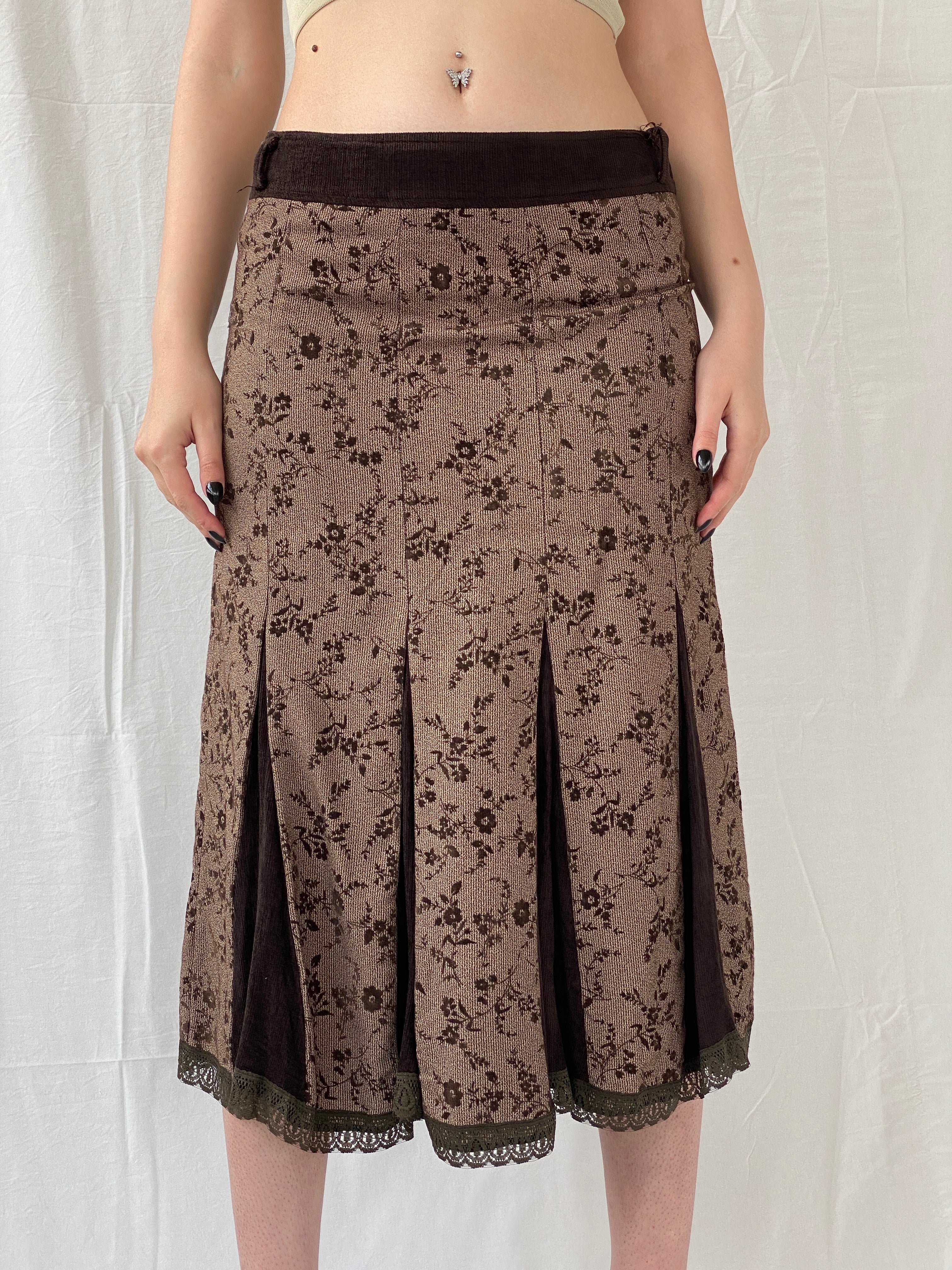 Vintage Floral Brown Lace Trim Pleated Corduroy Midi  Skirt - M