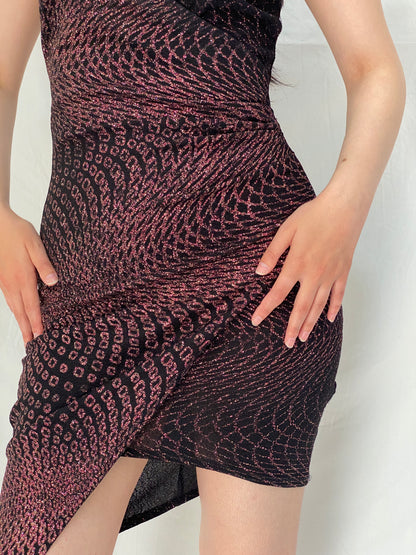 Vintage Monaco Black & Burgundy Glitter Asymmetric Party Dress - M