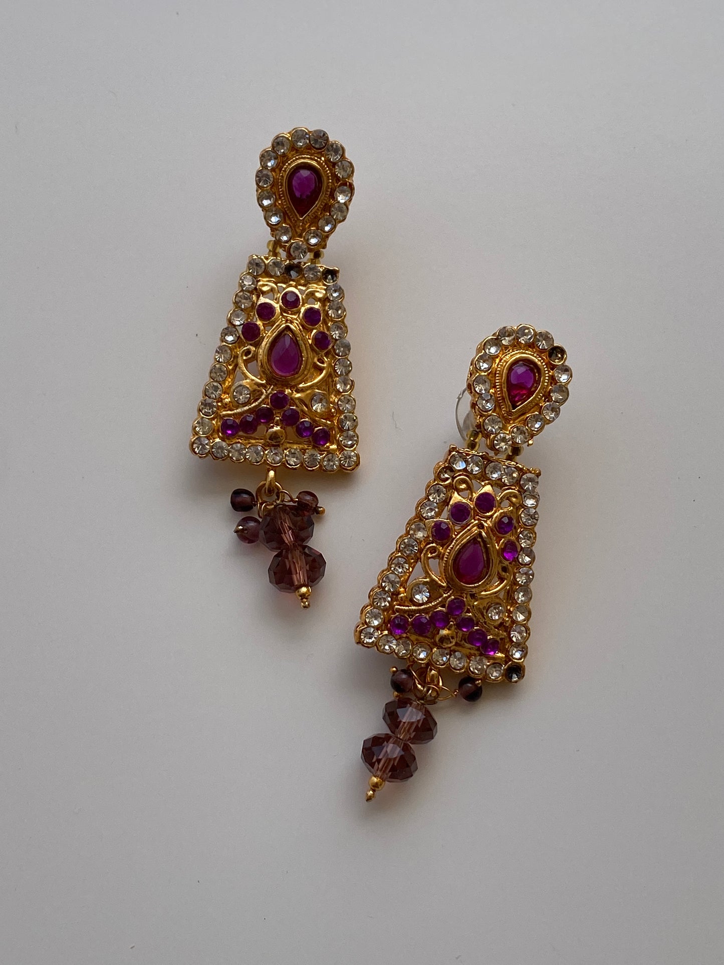 Vintage Jewellery Set Triple Strand Amethyst Crystal Bead Necklace with Rhinestone Gold Earrings