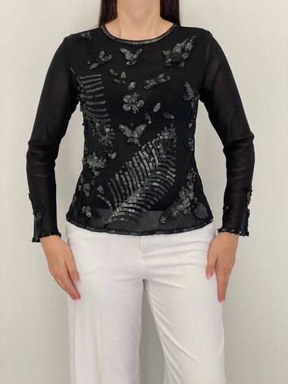 Vintage Poncho Black Mesh Beaded Sequin Butterfly Floral Top – S