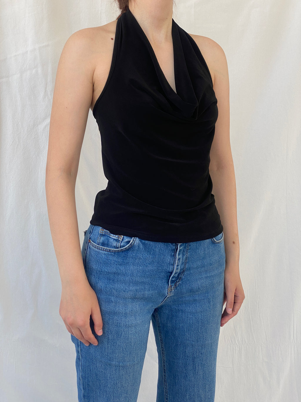 Y2K MISU Cowl Neck Black Halter Top - S