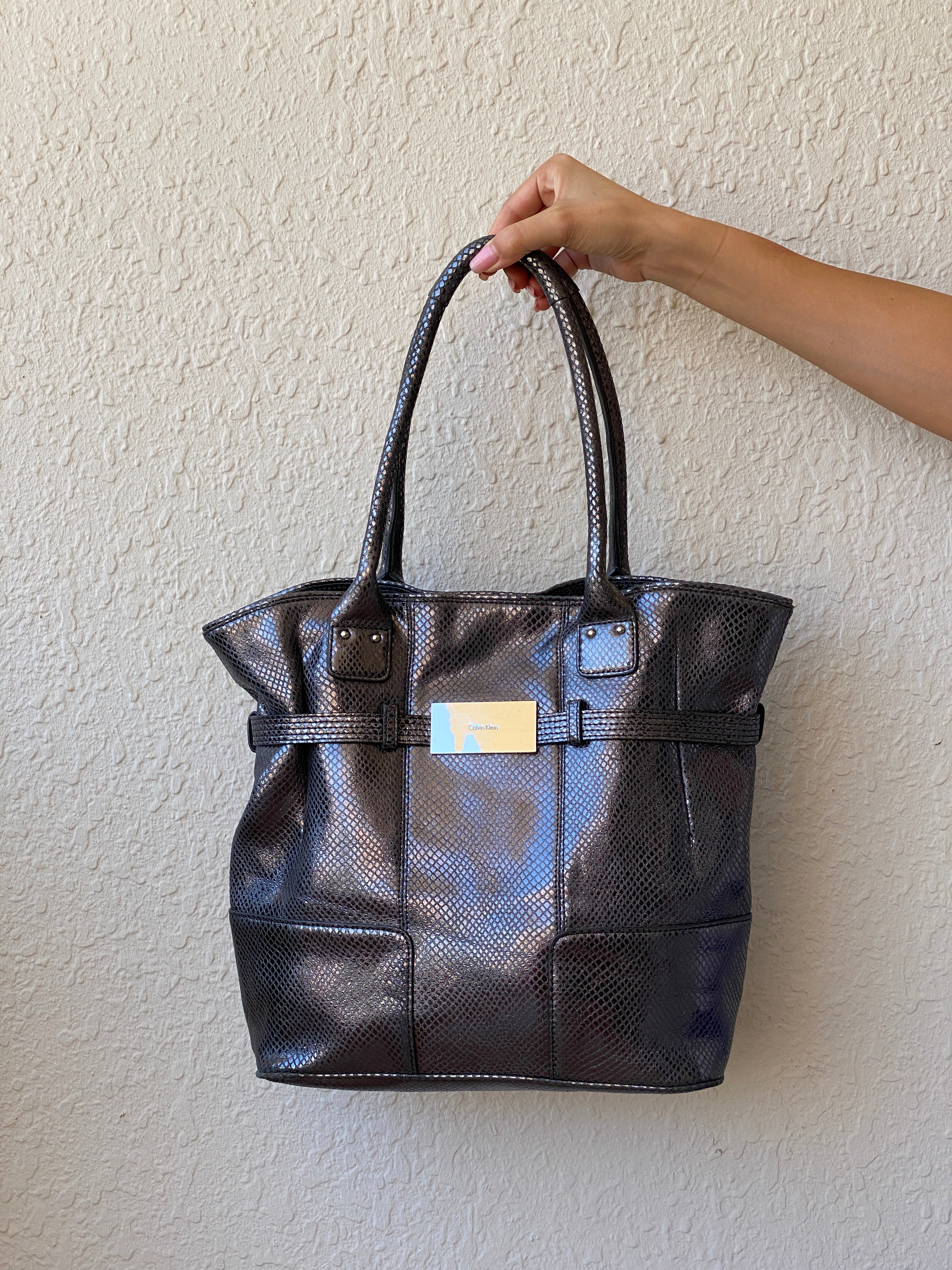 Calvin Klein Snakeskin Faux Leather Tote Bag Metallic Black Grey Purse