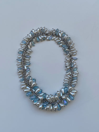 Vintage Faux Pearl & Iridescent Beaded Cluster Necklace Y2K Glam Jewelry