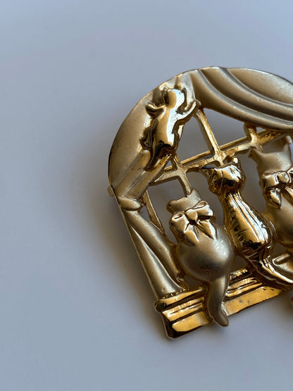 Vintage OAJC Gold-Tone Three Cats in a Window Figural Brooch