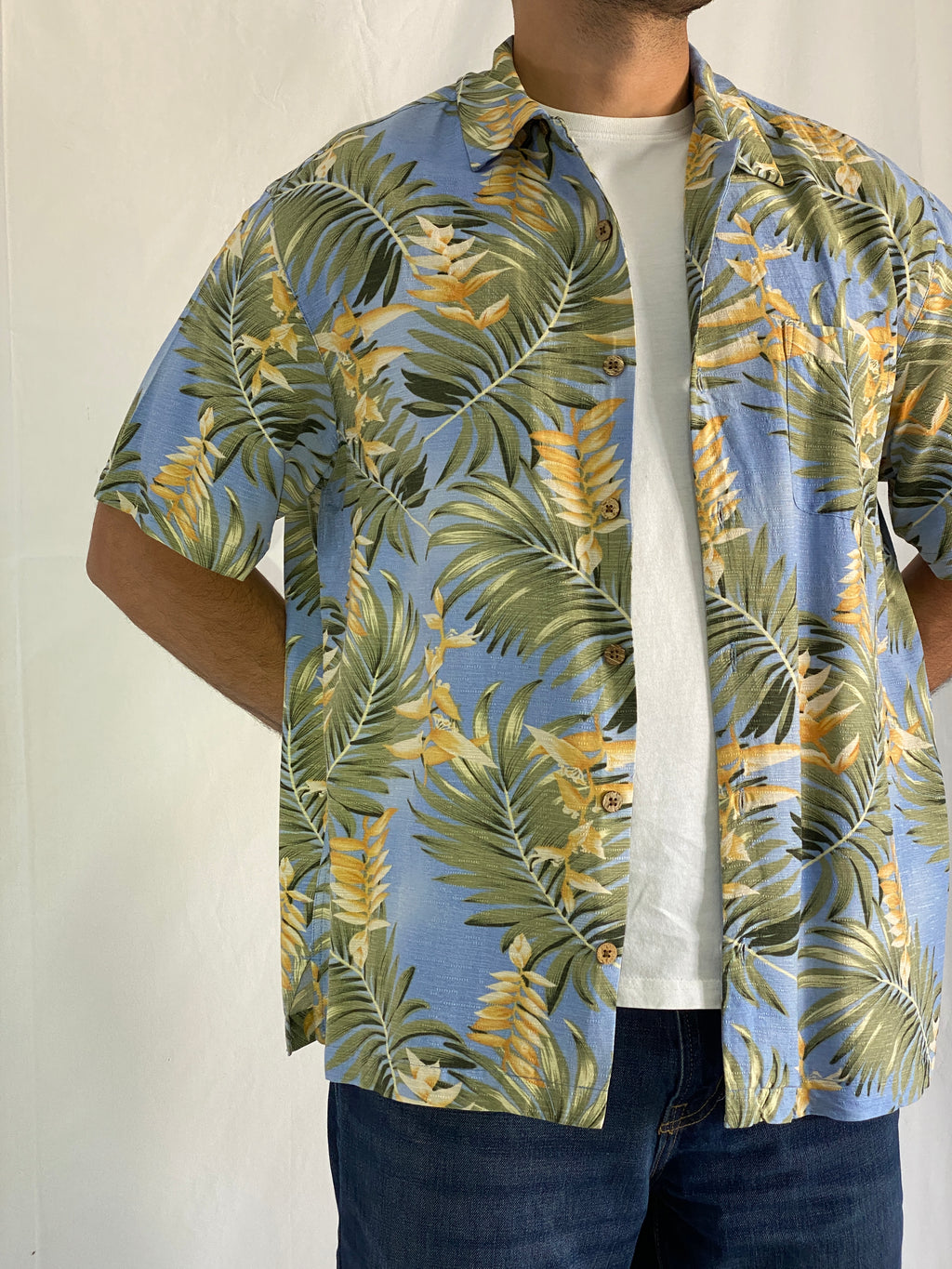 Caribbean Hawaiian Blue Tropical Palm Leaf Men’s Silk Shirt - XL
