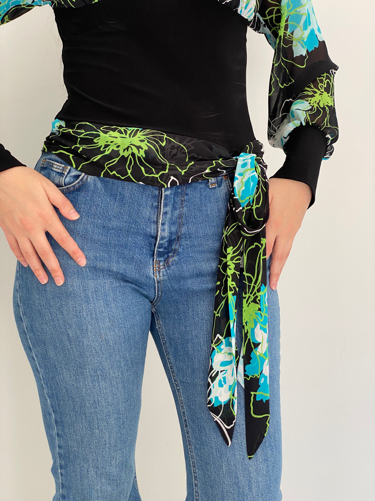 Vintage Y2K Co-me Como Black Floral Sheer Wrap Tie Top - M