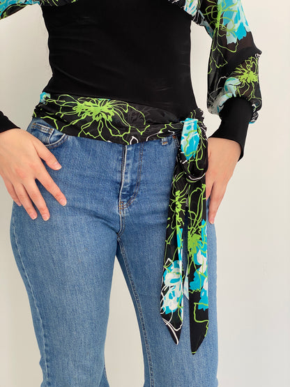 Vintage Y2K Co-me Como Black Floral Sheer Wrap Tie Top - M