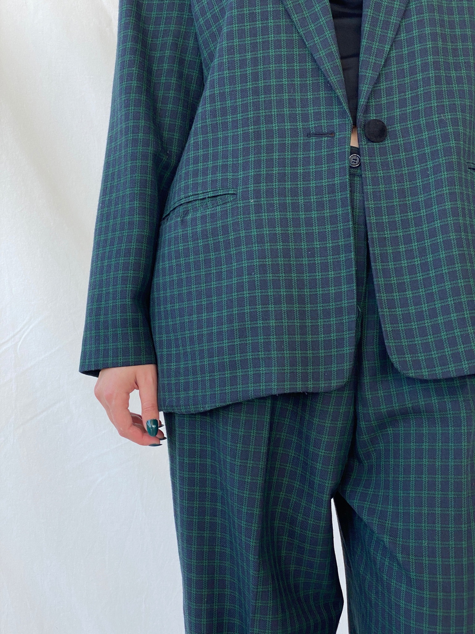 طقم بدلة رياضية كلاسيكية من LESLIE FAY، بنطال بليزر منقوش باللونين الأسود والأخضر، مقاس XL