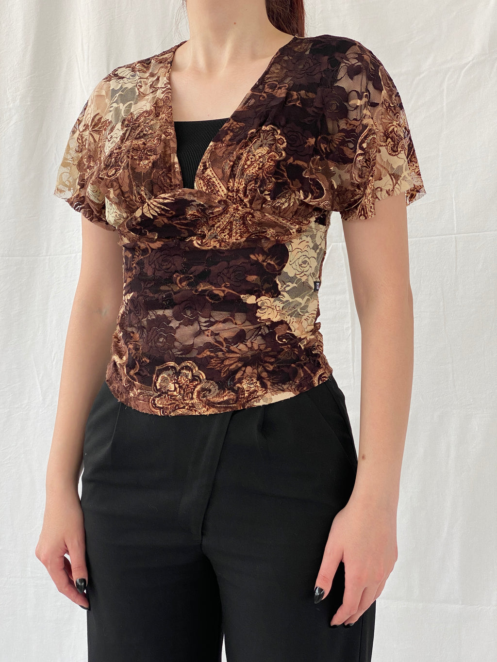 Vintage Y2K BSB Collection Brown Floral Lace V-Neck Women’s Top - S