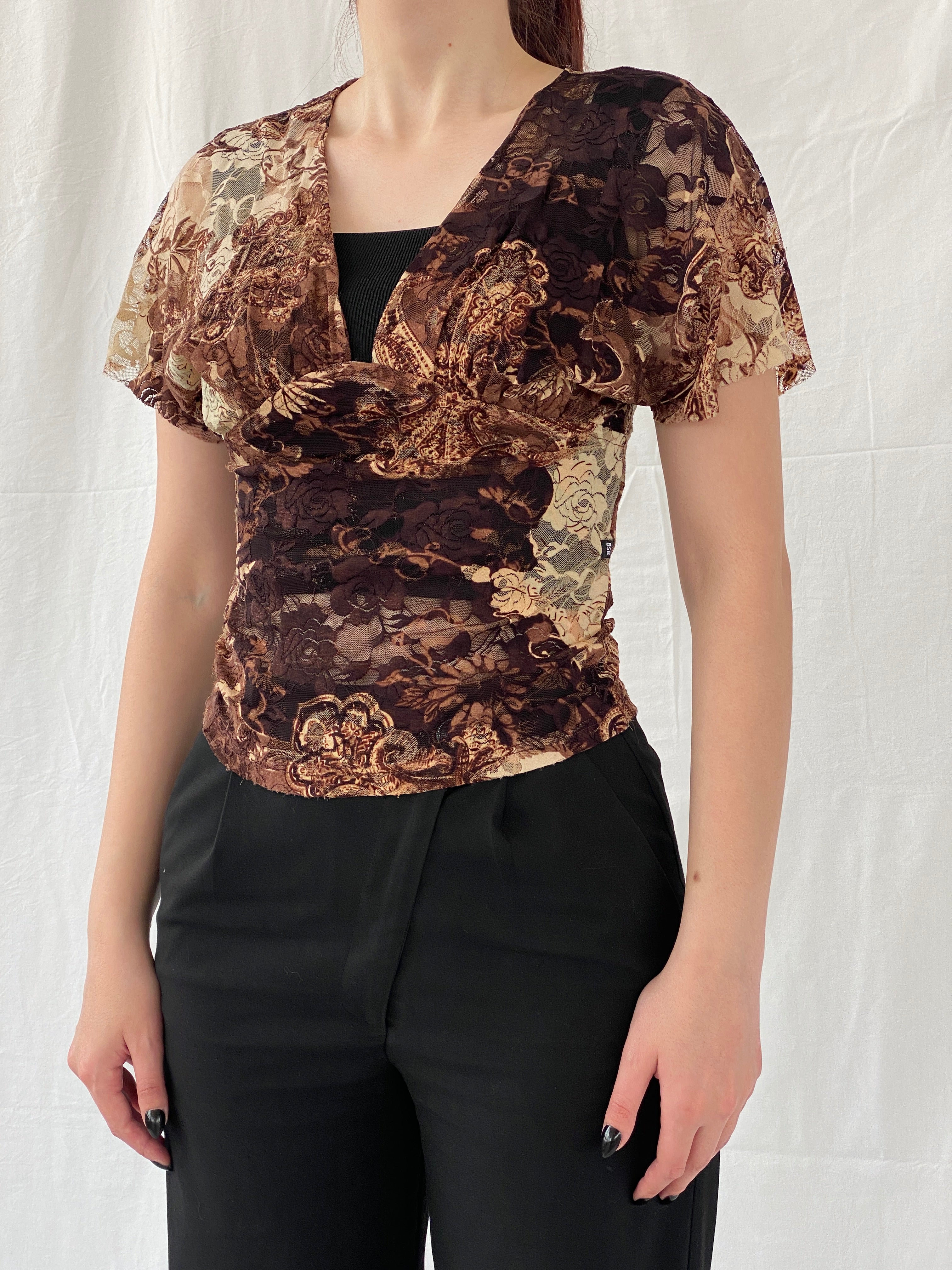 Vintage Y2K BSB Collection Brown Floral Lace V-Neck Women’s Top - S