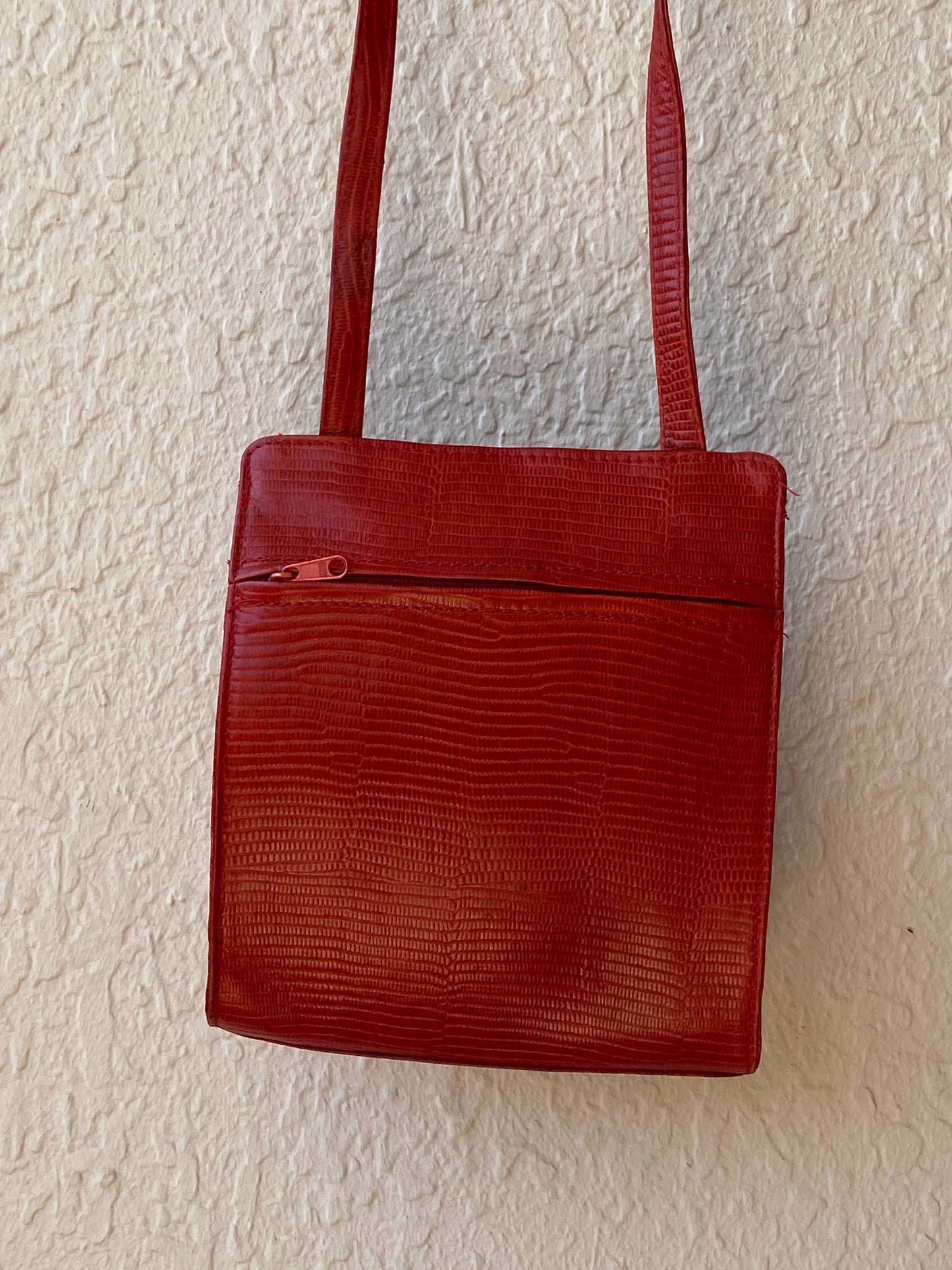 Vintage 80s Funbag Red Embossed Leather Structured Crossbody Bag