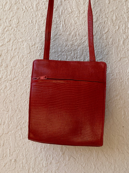 Vintage 80s Funbag Red Embossed Leather Structured Crossbody Bag