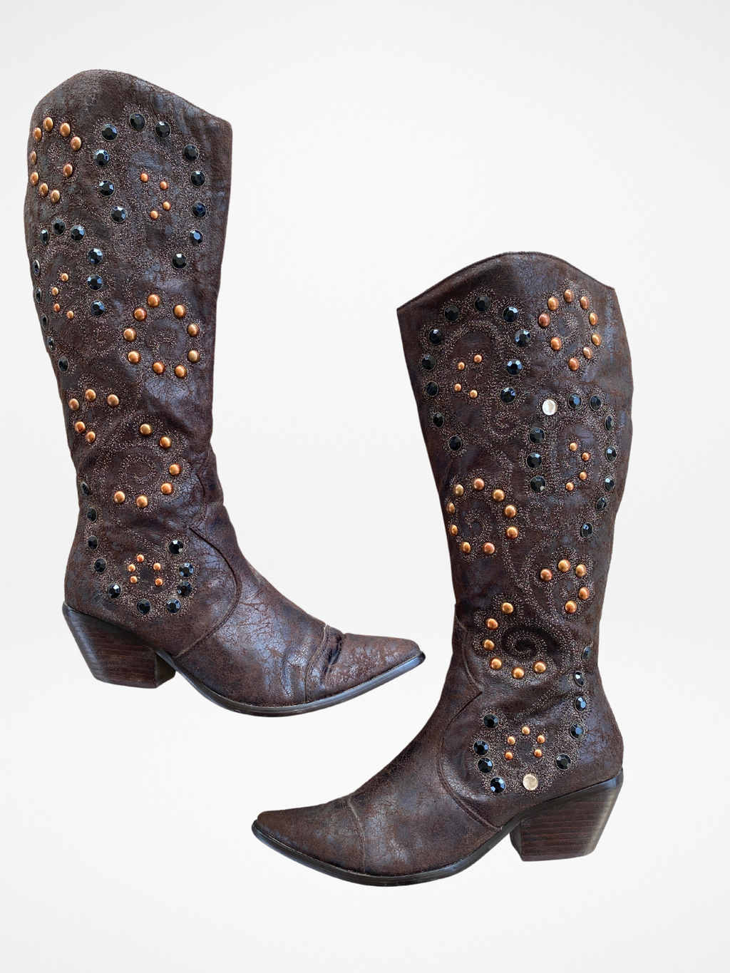 Y2K Two Tips Brown Studded Cowboy Western Boots - 38.5