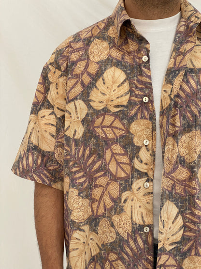 Vintage Tori Richard Hawaiian Shirt Beige Brown Tropical Print Camp Collar Aloha Shirt - L