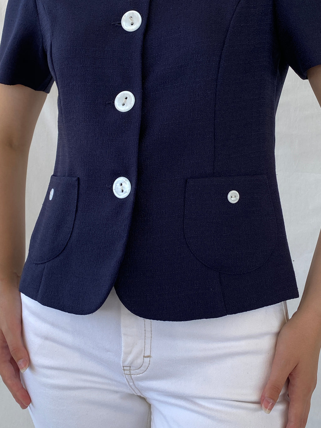 Vintage HBS Collection Navy White Buttons Women’s Short Sleeve Blazer - M