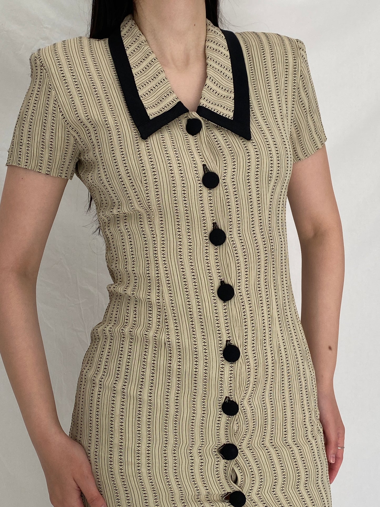 Vintage 90s Dawn Joy Fashions Beige Patterned Fitted Mini Dress - S
