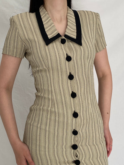 Vintage 90s Dawn Joy Fashions Beige Patterned Fitted Mini Dress - S