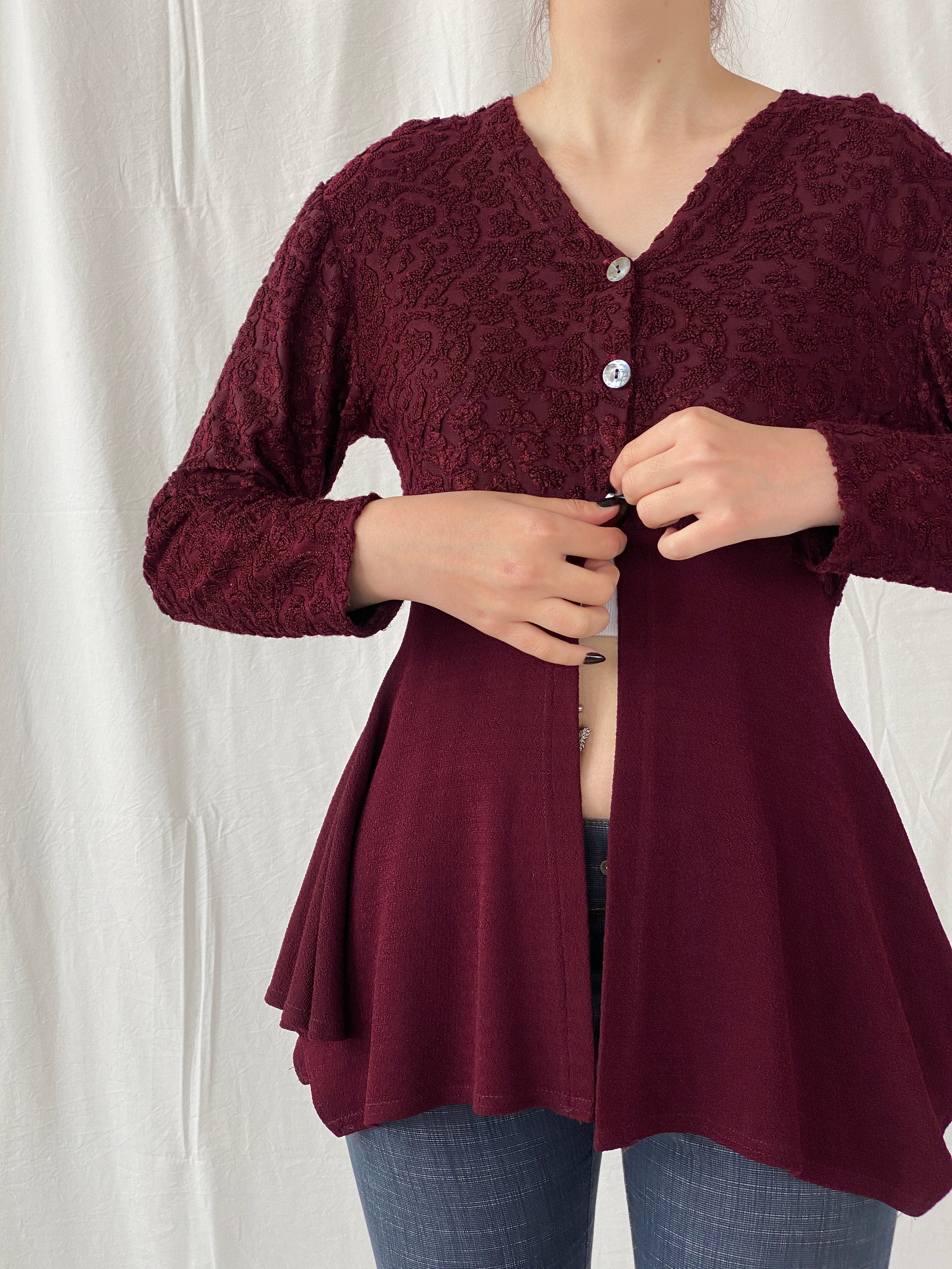 Vintage Vestino Italy Maroon Floral Lace Buttoned Split Cardigan - M