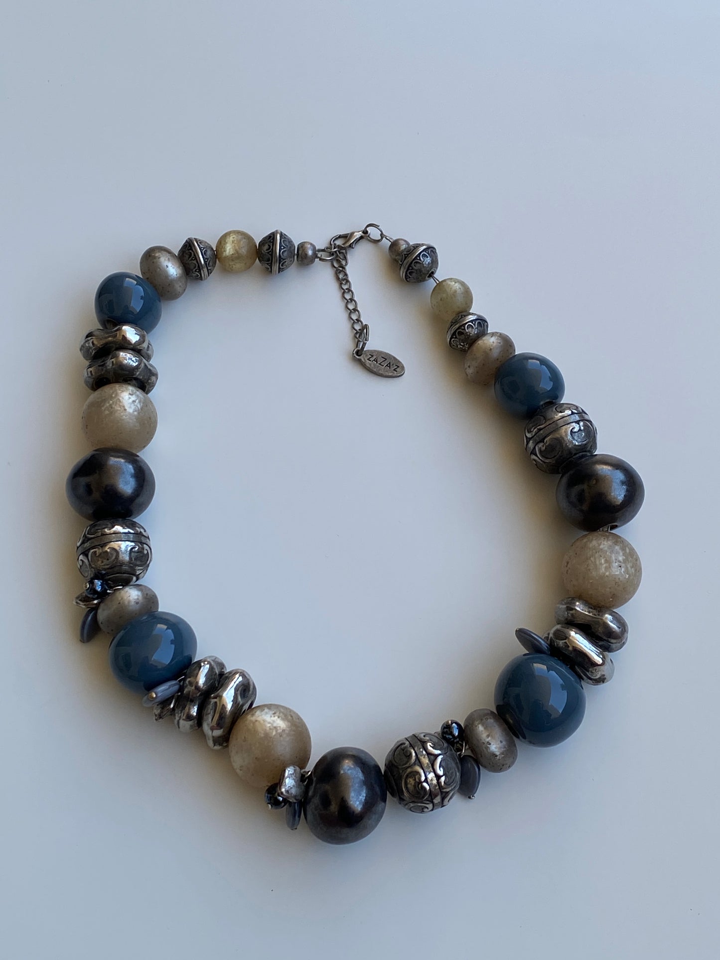 Statement ZaZa’Z Blue Silver Tone Mixed Bead Chunky Necklace