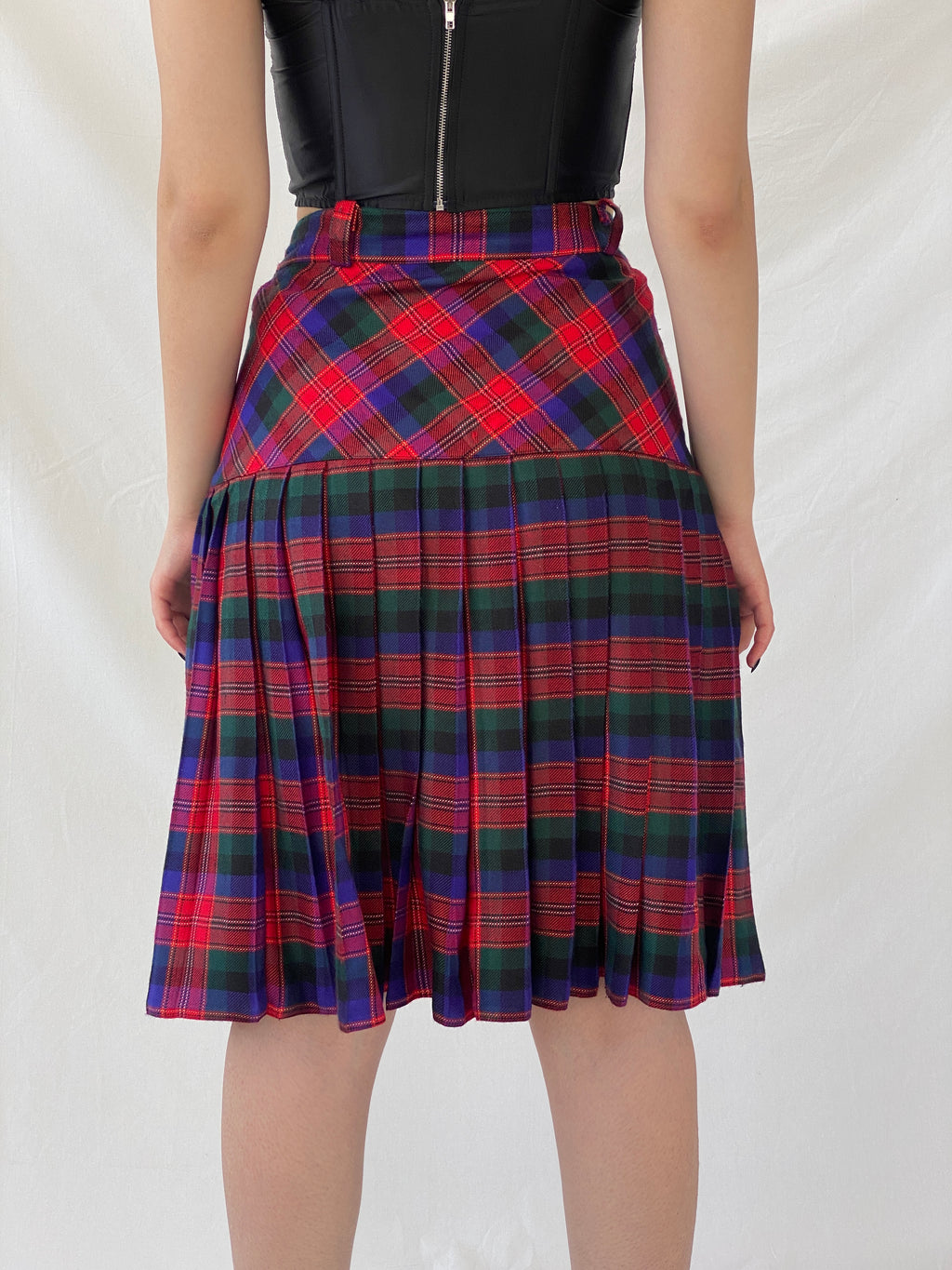 Vintage ABONE Giyim Plaid Pleated Red Wool Blend Midi Drop Waist Skirt - M