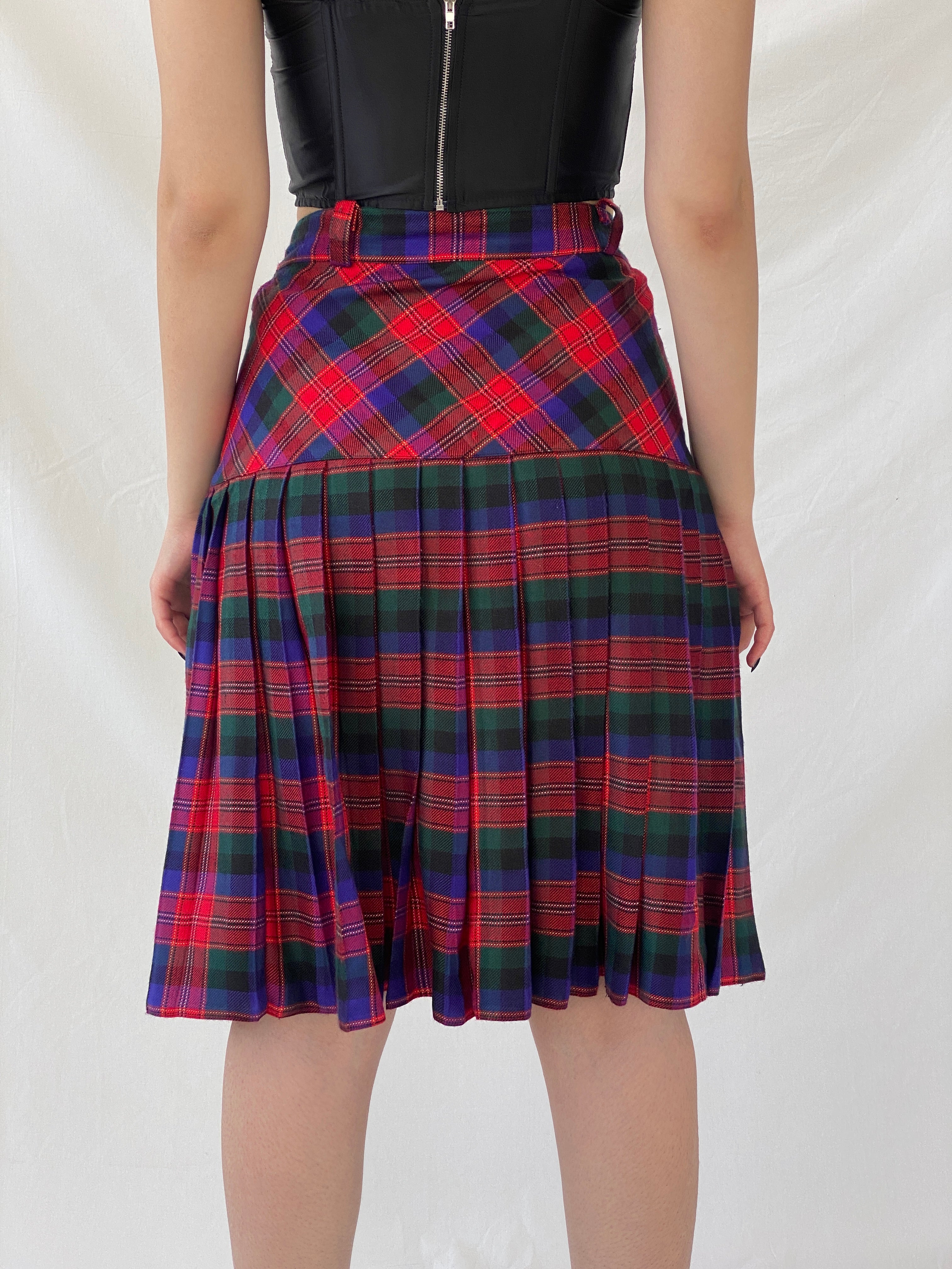 Vintage ABONE Giyim Plaid Pleated Red Wool Blend Midi Drop Waist Skirt - M