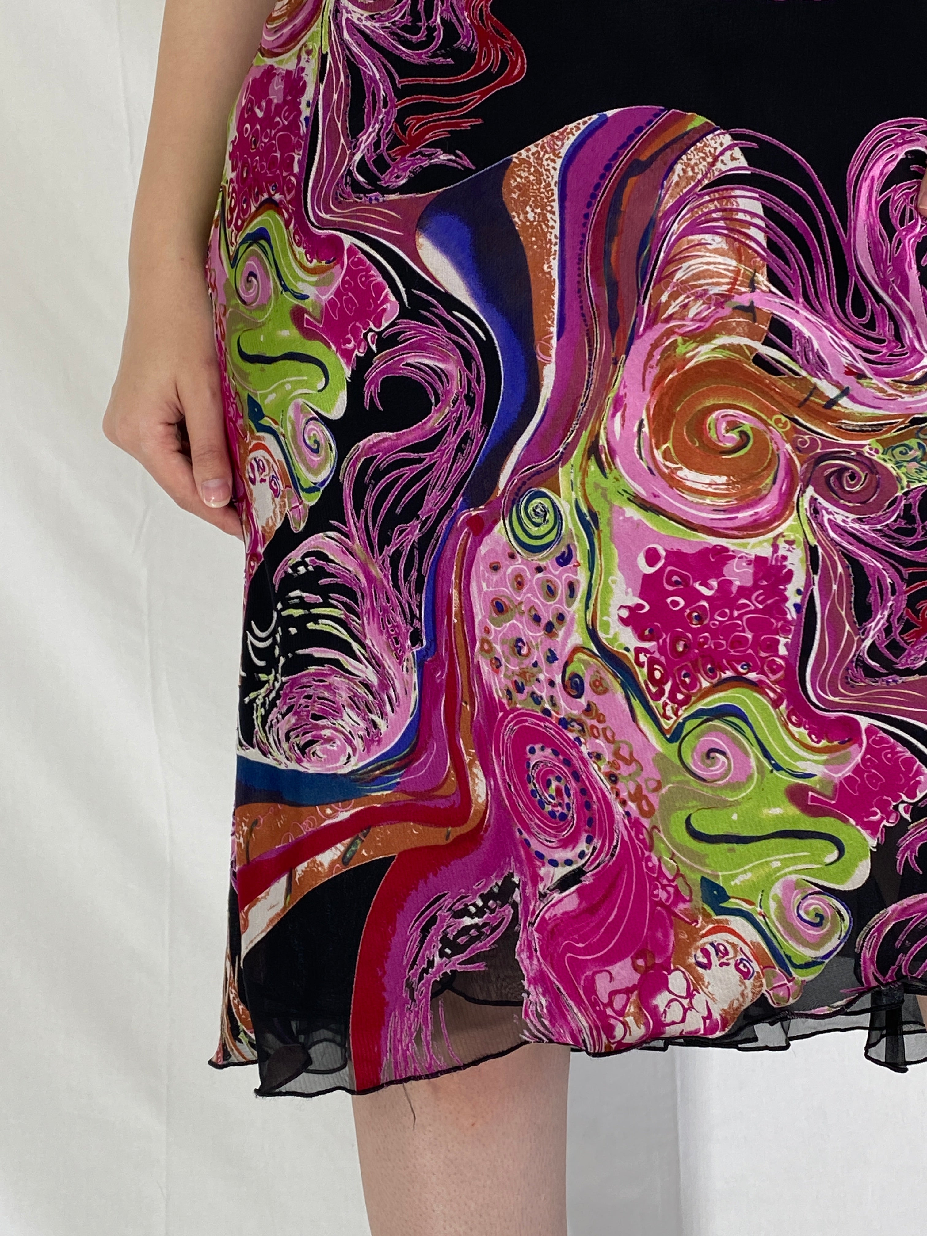 Vintage 90s Abstract Psychedelic Slip Swirl Midi Party Dress - M