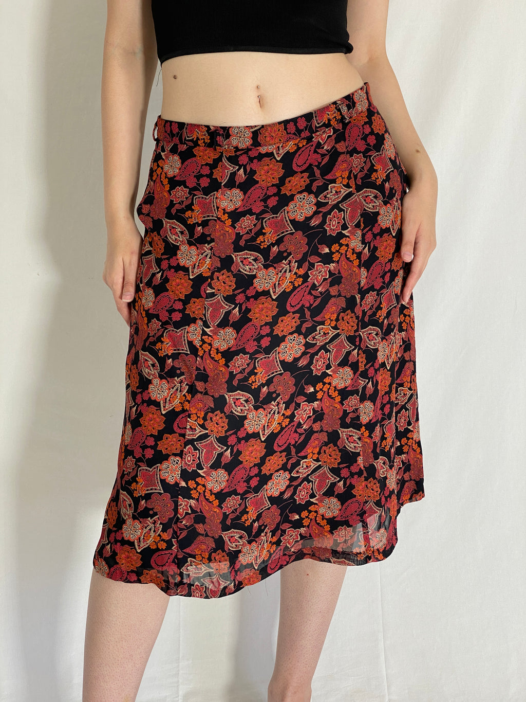 Vintage 90s Your 6th Sense Floral Red Black Paisley Boho Midi Skirt - L
